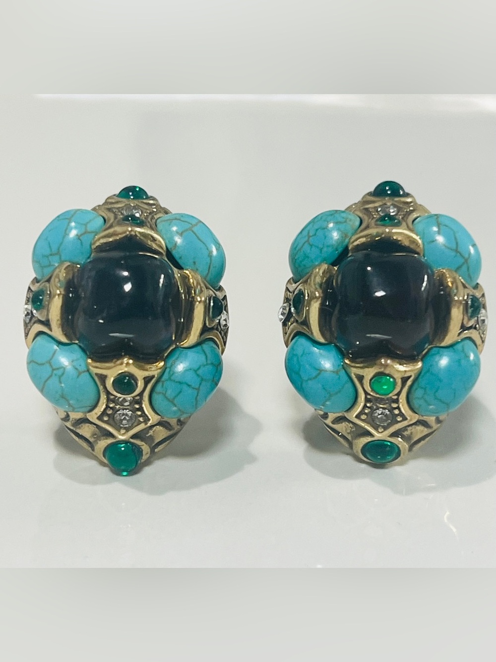 Retro Estate Turquoise, Black & Green Cabochon Earrings - pierced